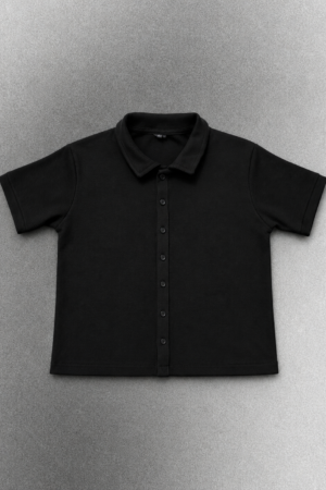 Black Ribbed Short-Sleeve Polo Top